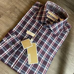 Michael Michael Kors Slim Fit Plaid Non-Iron Dress Shirt-BURGANDY-15.5-34/35